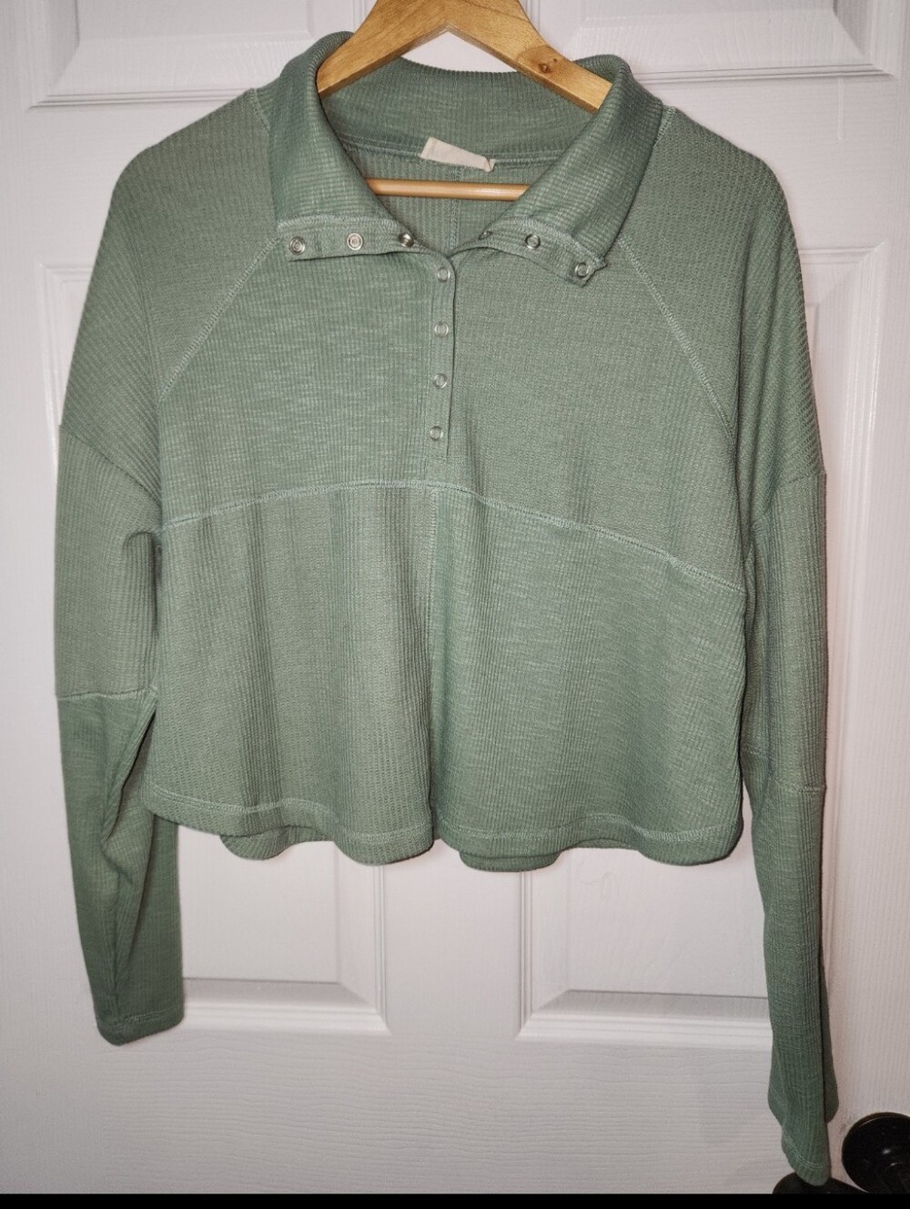 Relaxed Waffle-Knit Polo Top in Sage Green